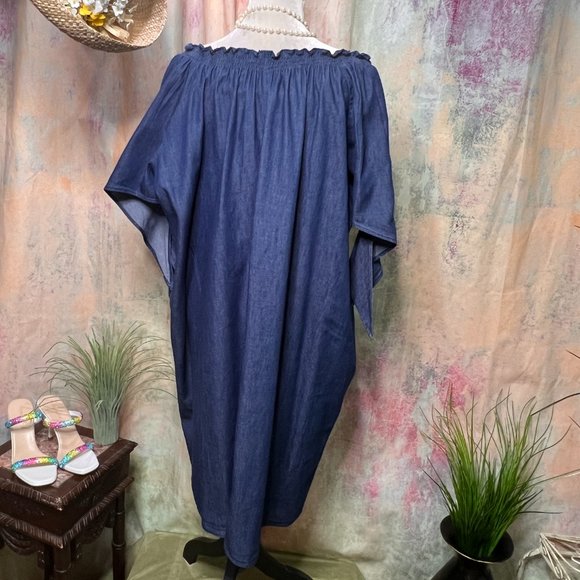 📌Terra & Sky Denim Dress with Smocked Neckline Wear On or Off Shoulders - Picture 8 of 13